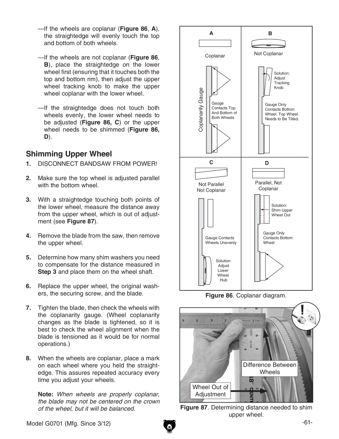 Grizzly G0701 owner manual Shimming Upper Wheel, 9ZgZcXZ7ZilZZc, LZZah, LZZaDjid 6YjhibZci, JeeZglZZa# 