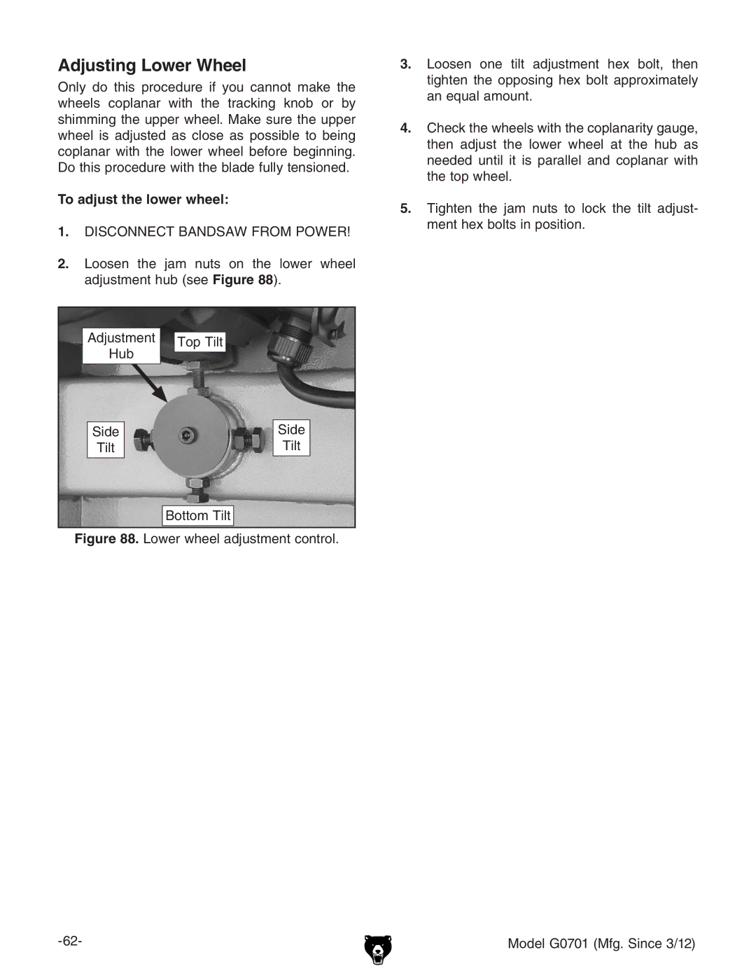 Grizzly G0701 owner manual Adjusting Lower Wheel, To adjust the lower wheel, Iai IdeIai 7diidbIai 