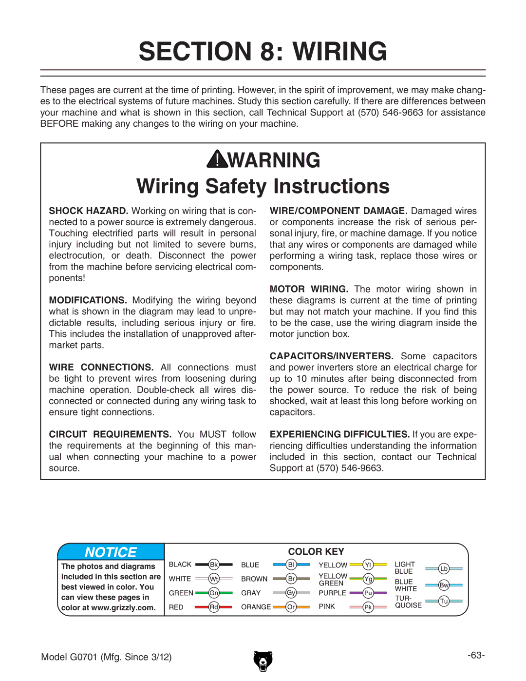 Grizzly G0701 owner manual Wiring Safety Instructions, Shock HAZARD. Ldg`c\dclgc\iVihXdc, XdbedcZcih#, EdcZcih 