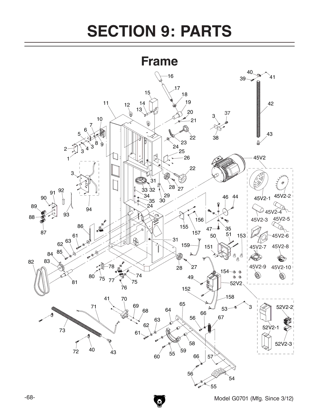 Grizzly G0701 owner manual Parts, Frame 