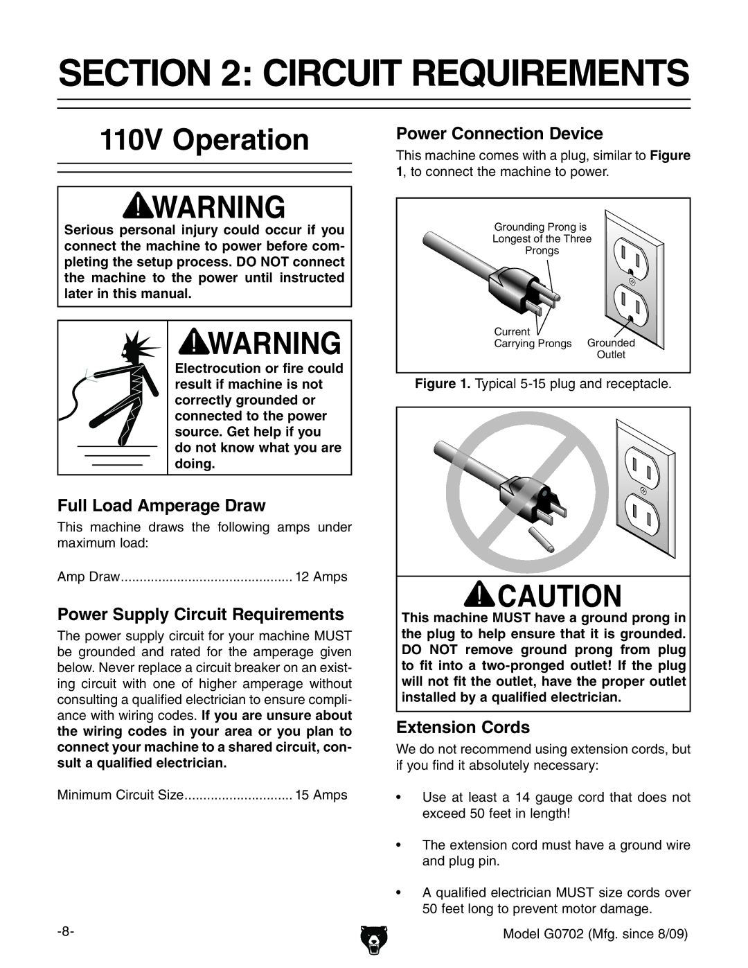 Grizzly G0702 owner manual Circuit Requirements, 110V Operation, Ih bVXcZ YgVlh iZ daadlc\ Vbeh jcYZg bVmbjbadVY 