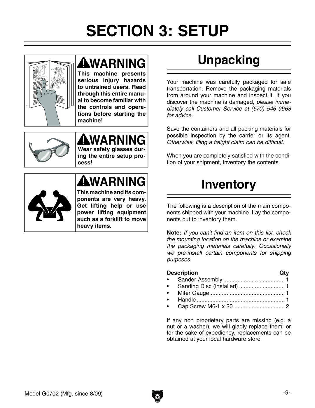 Grizzly G0702 owner manual Setup, Unpacking, Inventory, Description Qty 