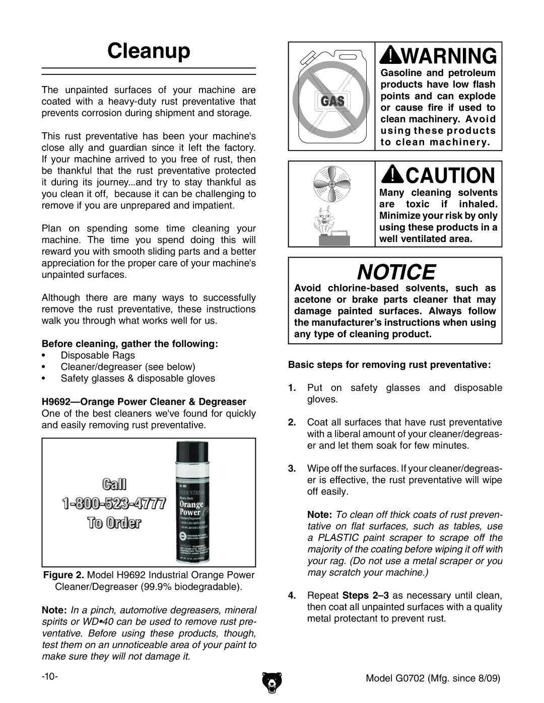 Grizzly G0702 owner manual Cleanup, H9692-Orange Power Cleaner & Degreaser, VcYZVhangZbdkc\gjhiegZkZciVikZ# 