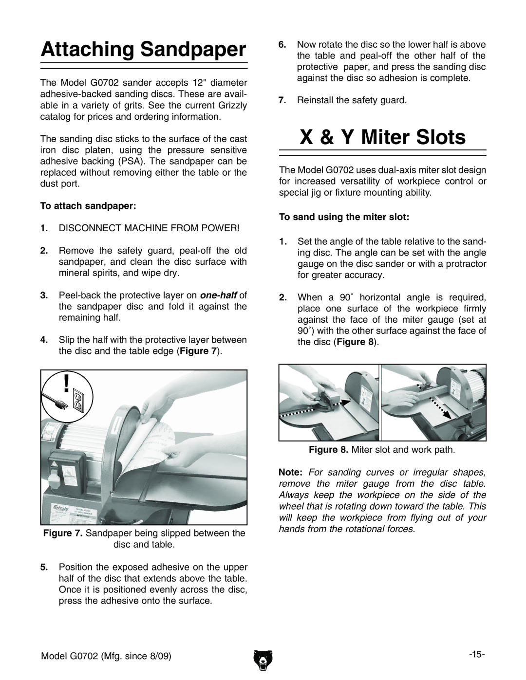 Grizzly G0702 owner manual Attaching Sandpaper, Miter Slots, To attach sandpaper, To sand using the miter slot 