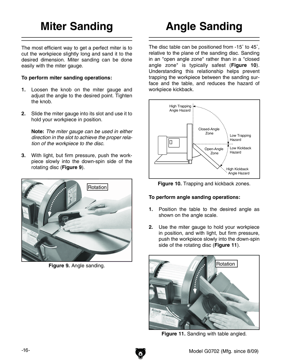 Grizzly G0702 Miter Sanding, Angle Sanding, To perform miter sanding operations, To perform angle sanding operations 