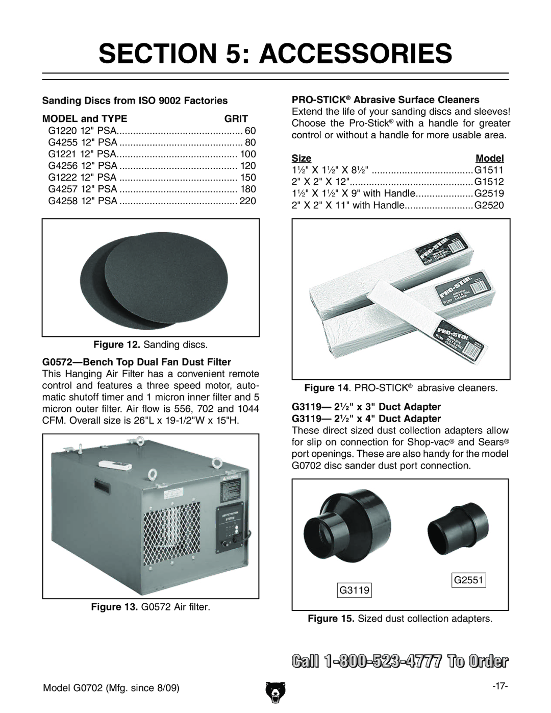 Grizzly G0702 Accessories, Sanding Discs from ISO 9002 Factories Model and Typegrit, G0572-Bench Top Dual Fan Dust Filter 