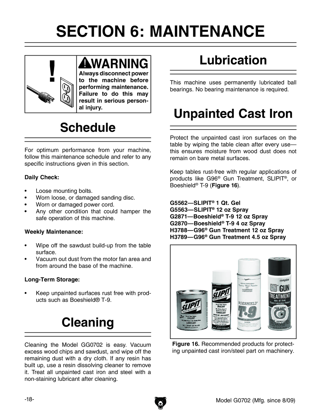 Grizzly G0702 owner manual Maintenance, Schedule, Cleaning, Lubrication, Unpainted Cast Iron 