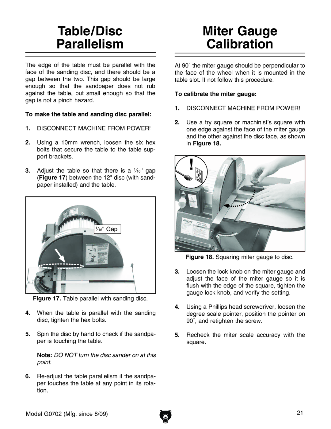 Grizzly G0702 Table/Disc Parallelism, Miter Gauge Calibration, To make the table and sanding disc parallel, ¿&+Ve 
