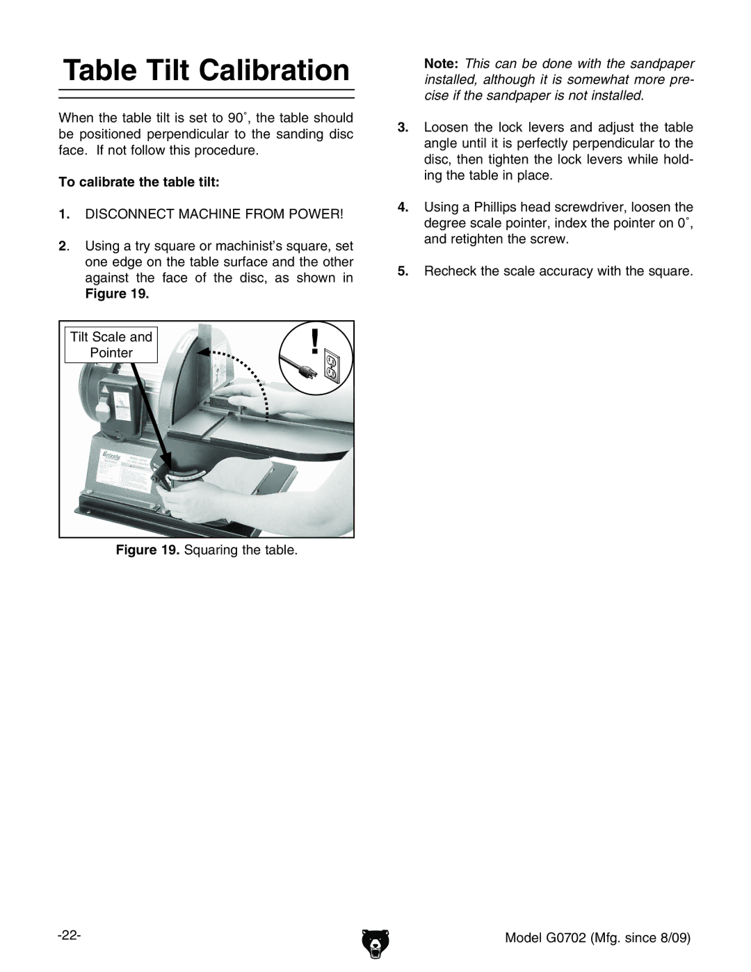 Grizzly G0702 owner manual Table Tilt Calibration, To calibrate the table tilt, IaiHXVaZVcY EdciZg 