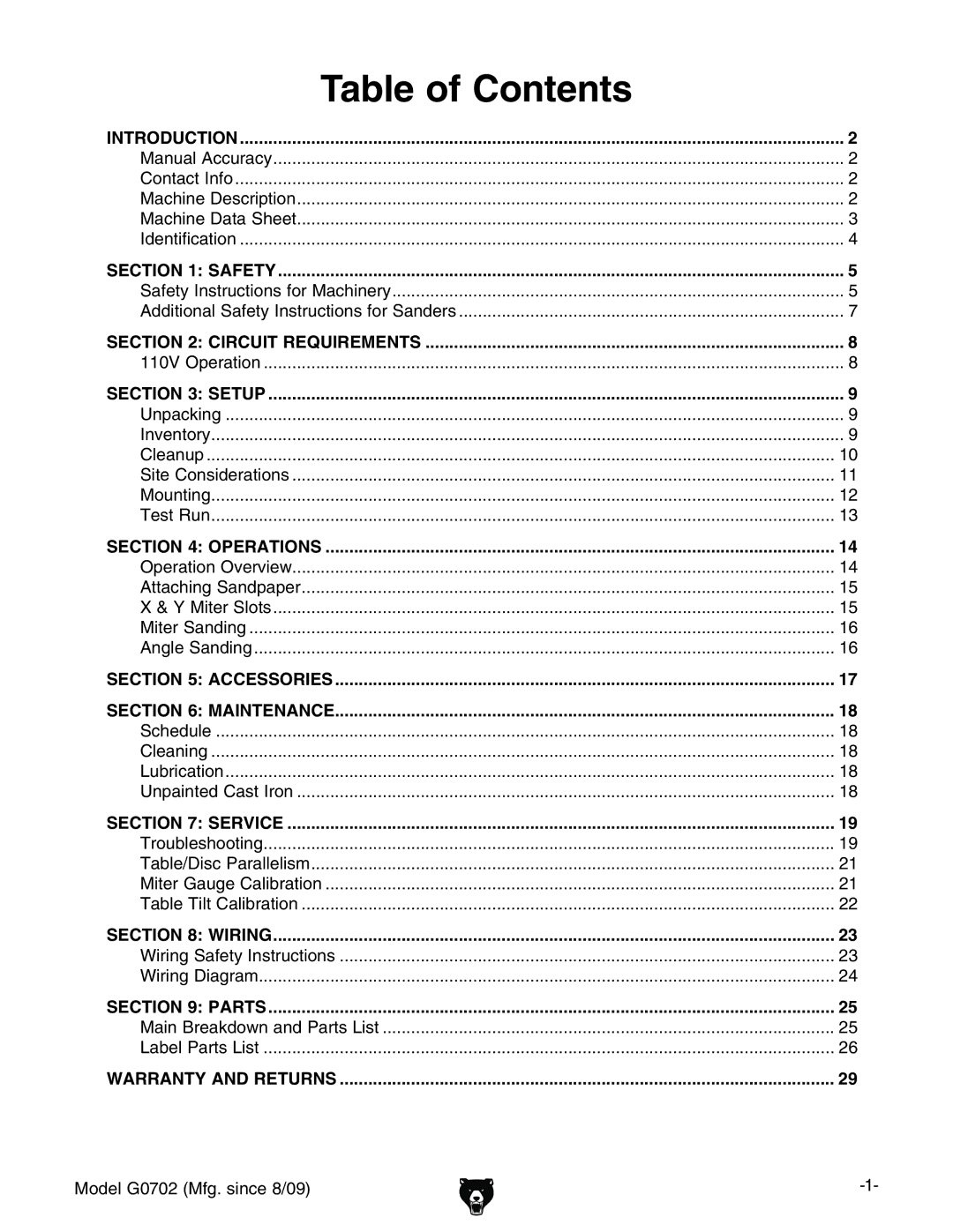 Grizzly G0702 owner manual Table of Contents 