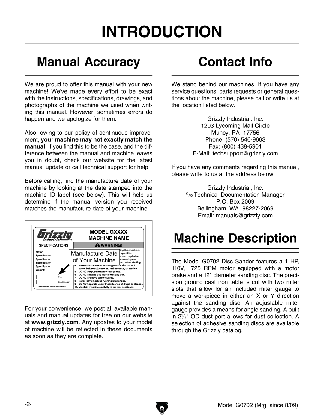 Grizzly G0702 owner manual Introduction, Manual Accuracy, Contact Info, Machine Description, NdjgBVXcZ 