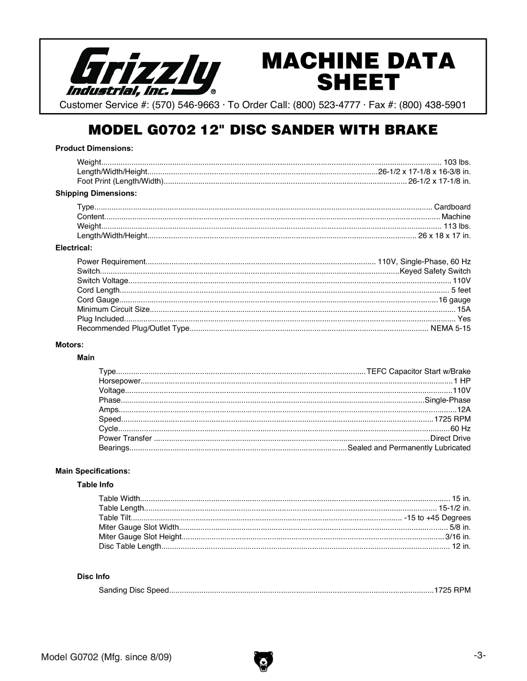 Grizzly G0702 owner manual Machine Data 