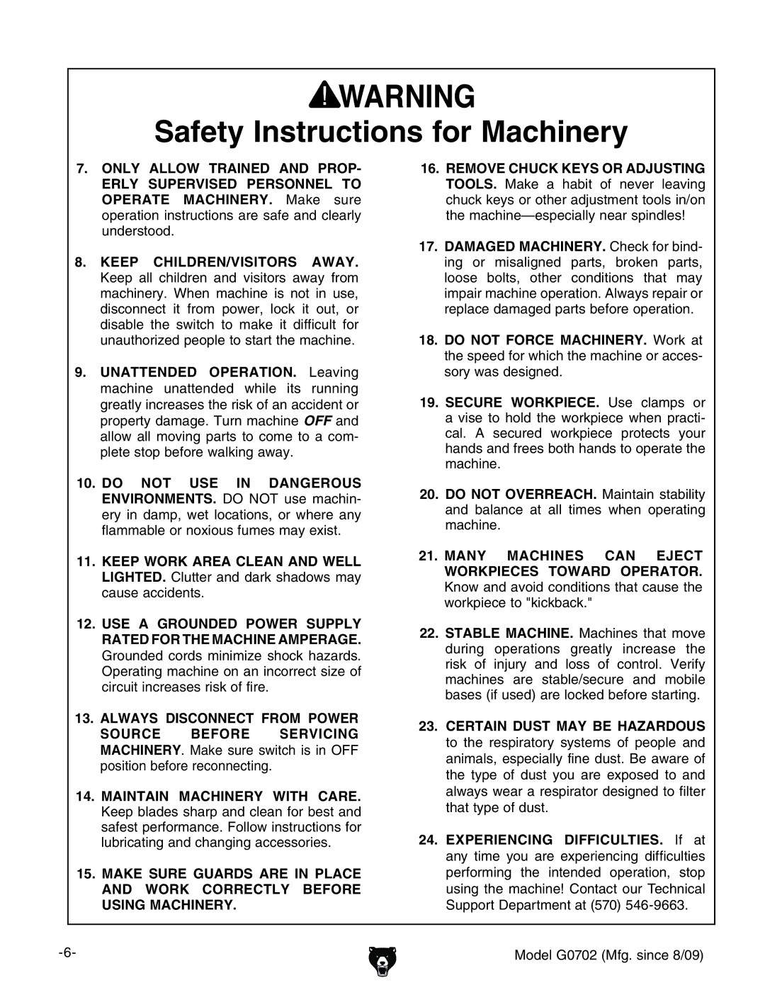 Grizzly G0702 owner manual Keep CHILDREN/VISITORS Away 