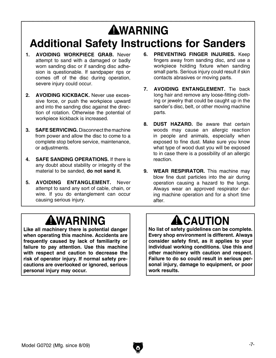 Grizzly G0702 owner manual Additional Safety Instructions for Sanders 