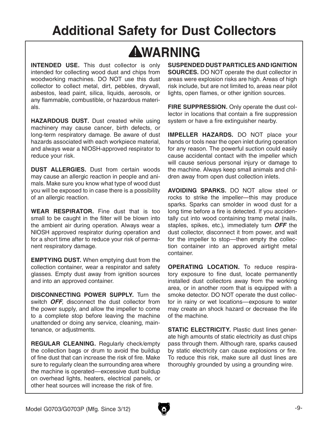 Grizzly G0703 owner manual Additional Safety for Dust Collectors 