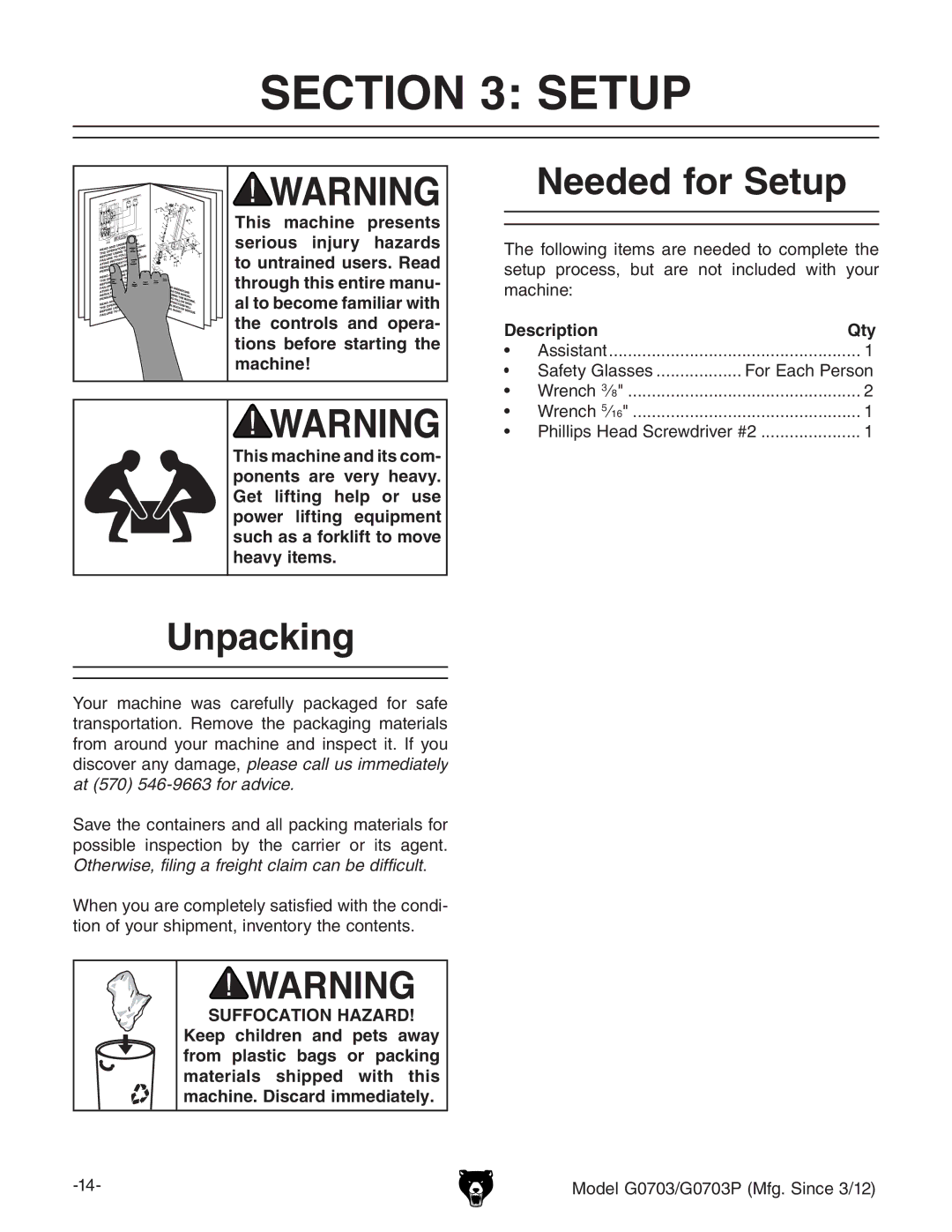 Grizzly G0703 owner manual Needed for Setup, Unpacking, DescriptionQty 