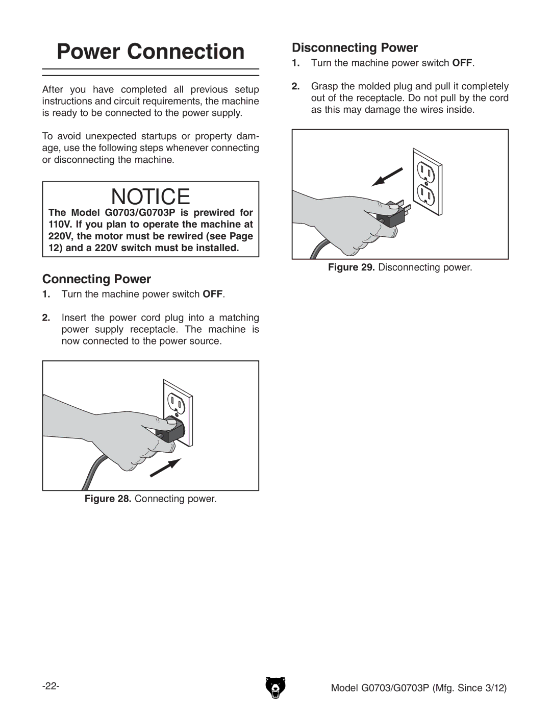 Grizzly G0703 owner manual  Power Connection, Connecting Power, Disconnecting Power,  IjgciZbVXcZedlZghliXOFF# 