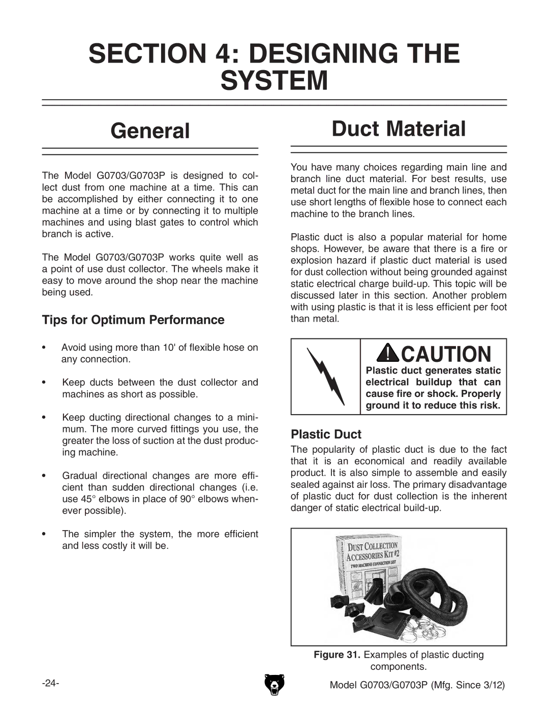 Grizzly G0703 owner manual Designing System, General Duct Material, Tips for Optimum Performance, Plastic Duct 