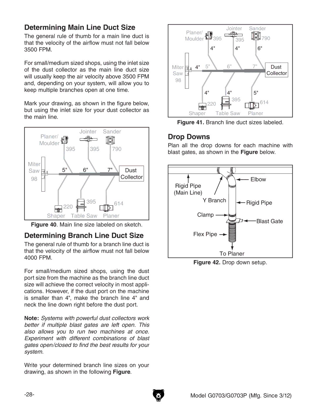 Grizzly G0703 owner manual Determining Main Line Duct Size, Determining Branch Line Duct Size, Drop Downs 