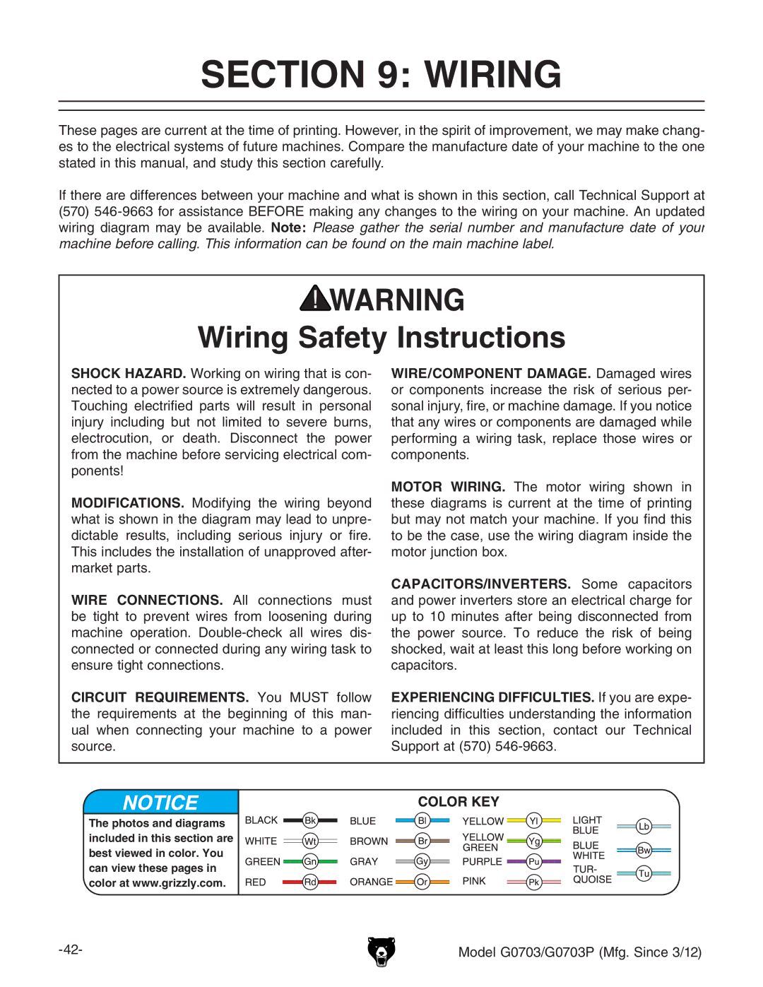 Grizzly G0703 owner manual Wiring Safety Instructions, Shock HAZARD. Ldg`c\dclgc\iVihXdc, EdcZcih 