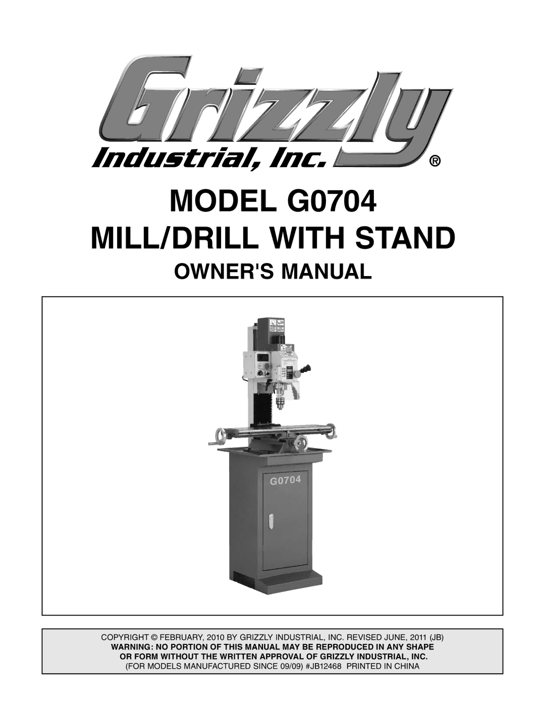 Grizzly owner manual Model G0704 MILL/DRILL with Stand 