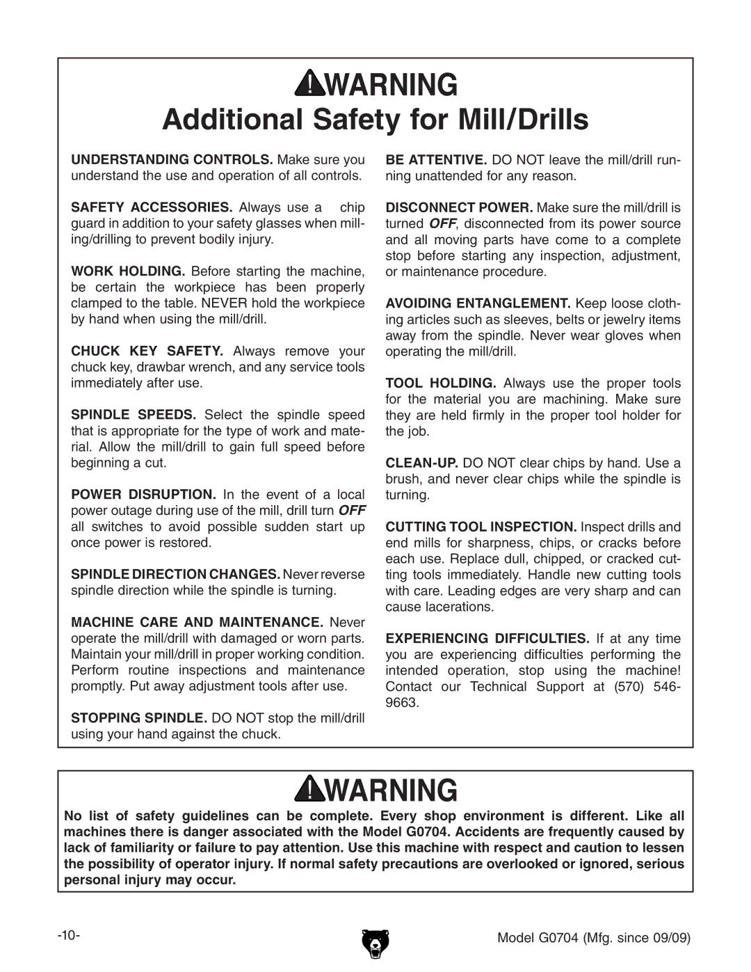 Grizzly G0704 owner manual Additional Safety for Mill/Drills 