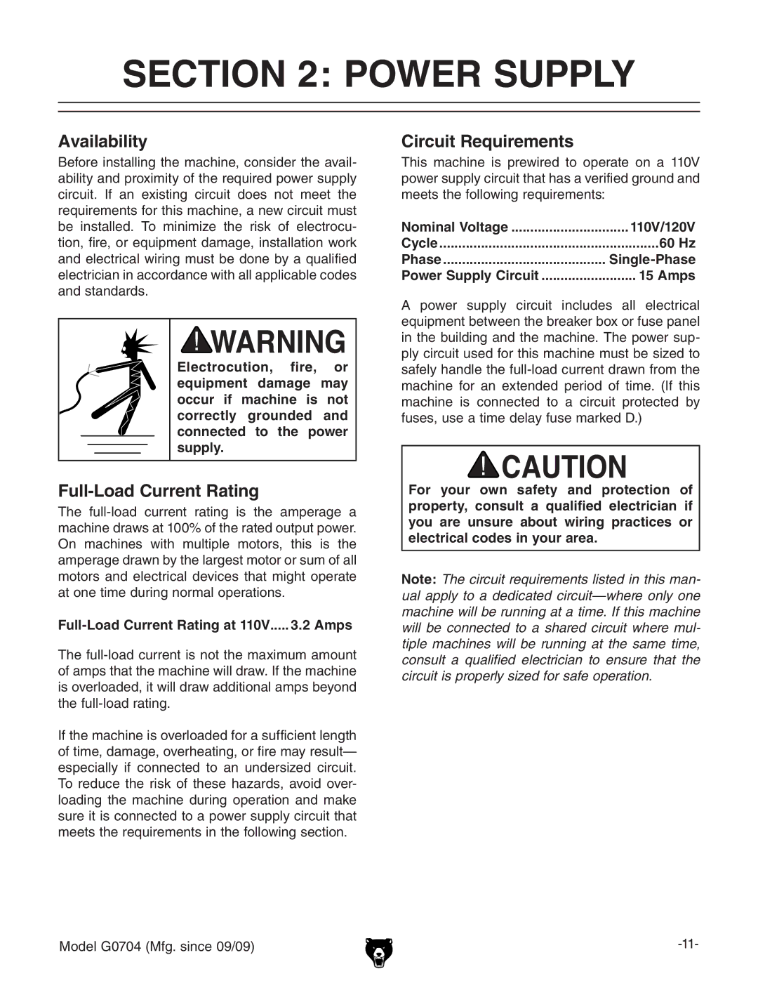 Grizzly G0704 owner manual Power Supply 