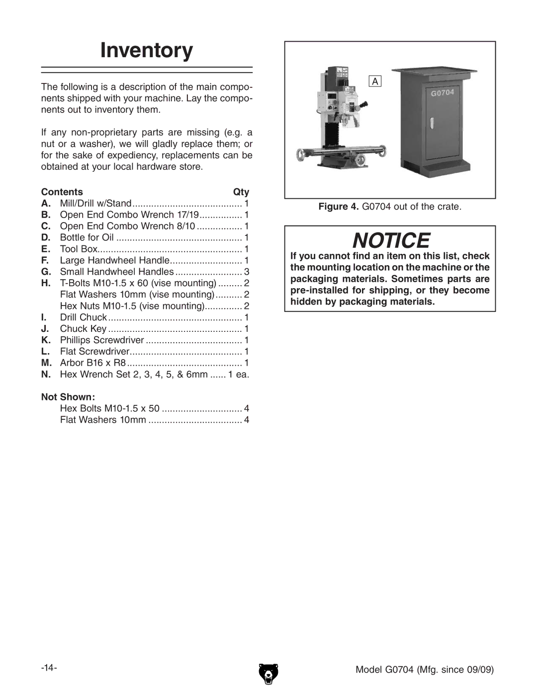 Grizzly G0704 owner manual Inventory, Contents Qty, Not Shown 