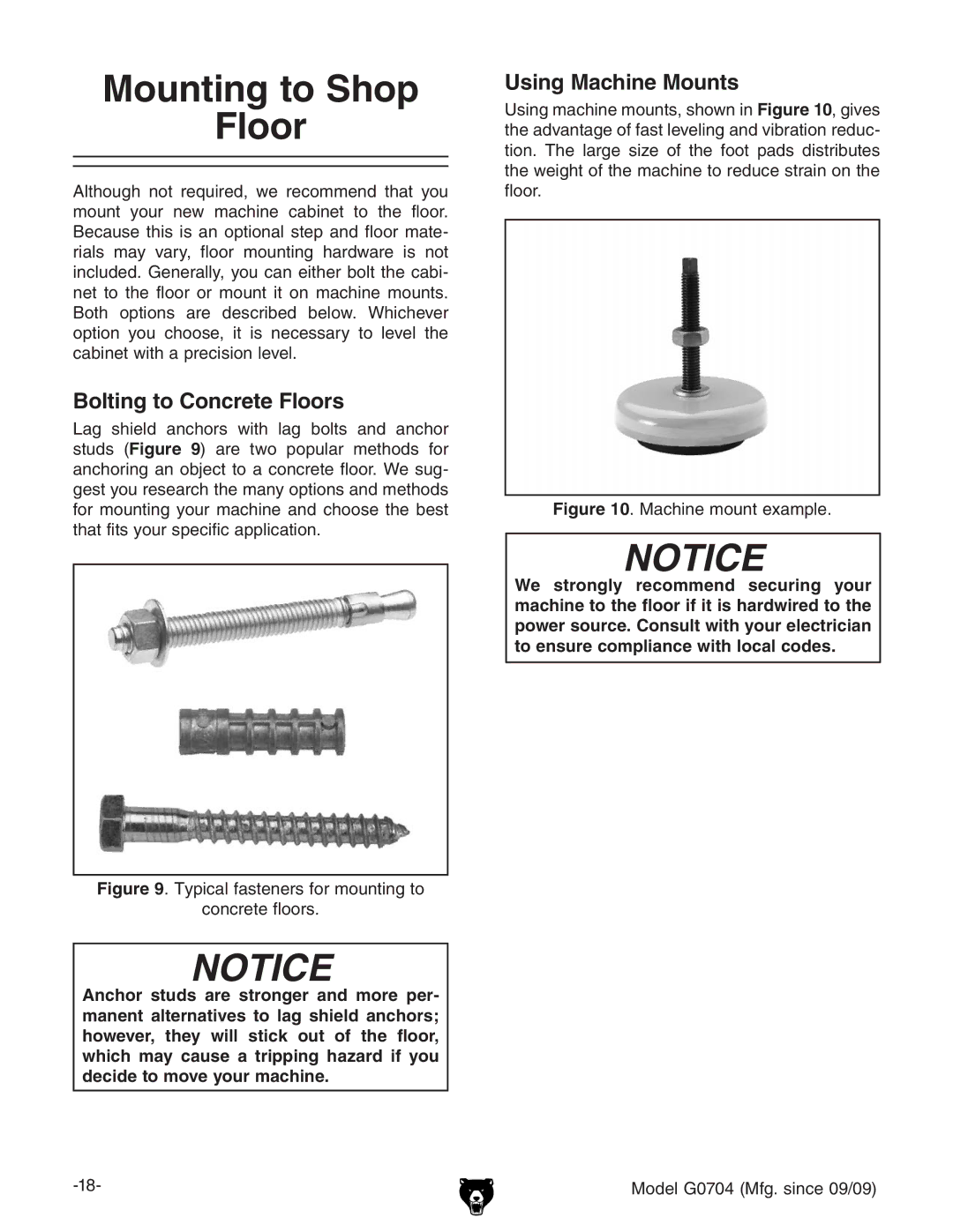 Grizzly G0704 owner manual Mounting to Shop Floor, Bolting to Concrete Floors 