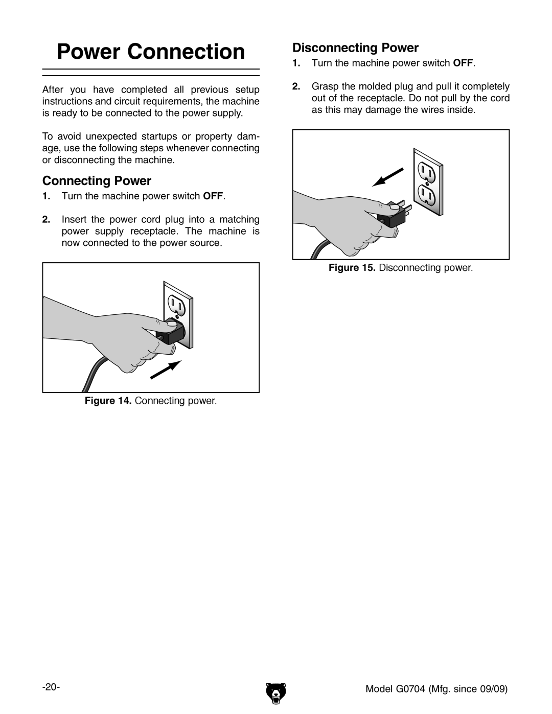 Grizzly G0704 owner manual Power Connection, Connecting Power 