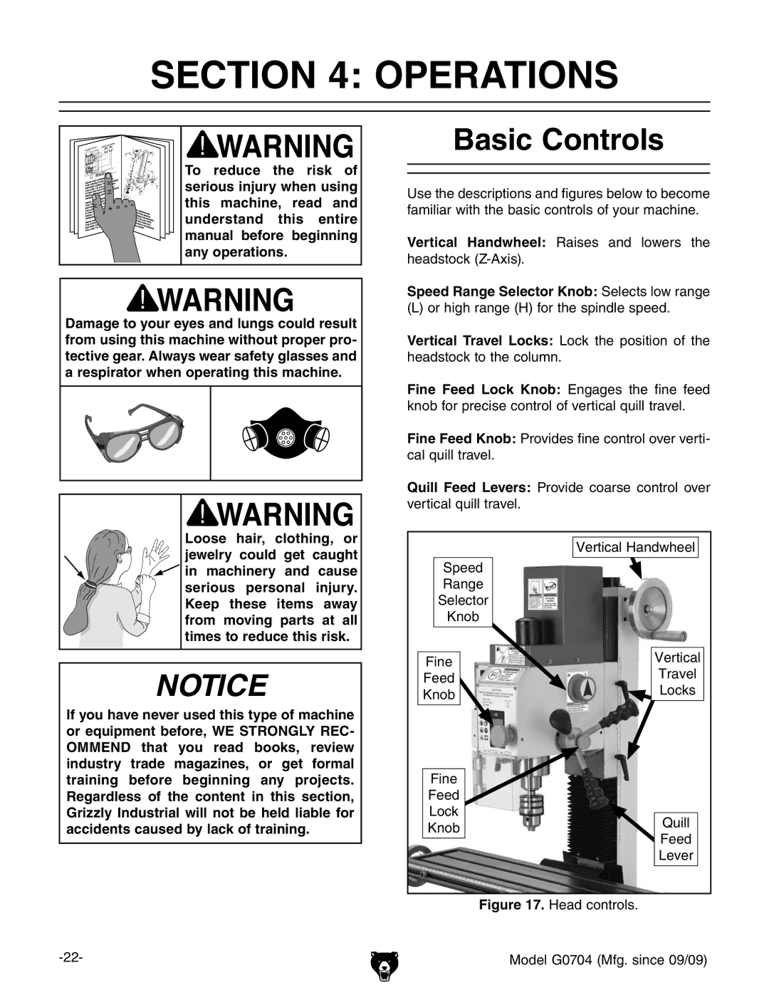 Grizzly G0704 owner manual Operations, Basic Controls, Speed Range Selector Knob Selects low range 