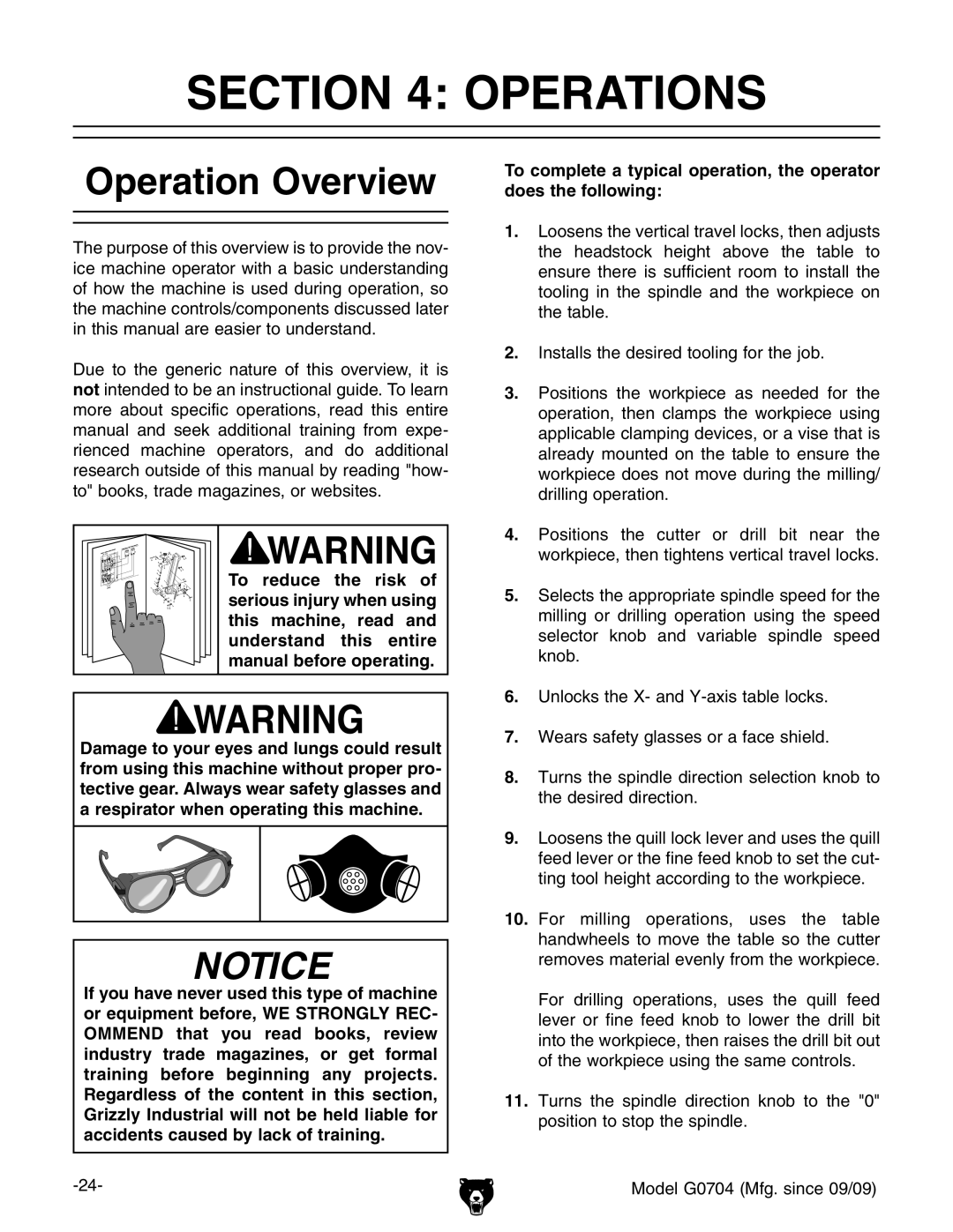 Grizzly G0704 owner manual Operation Overview 