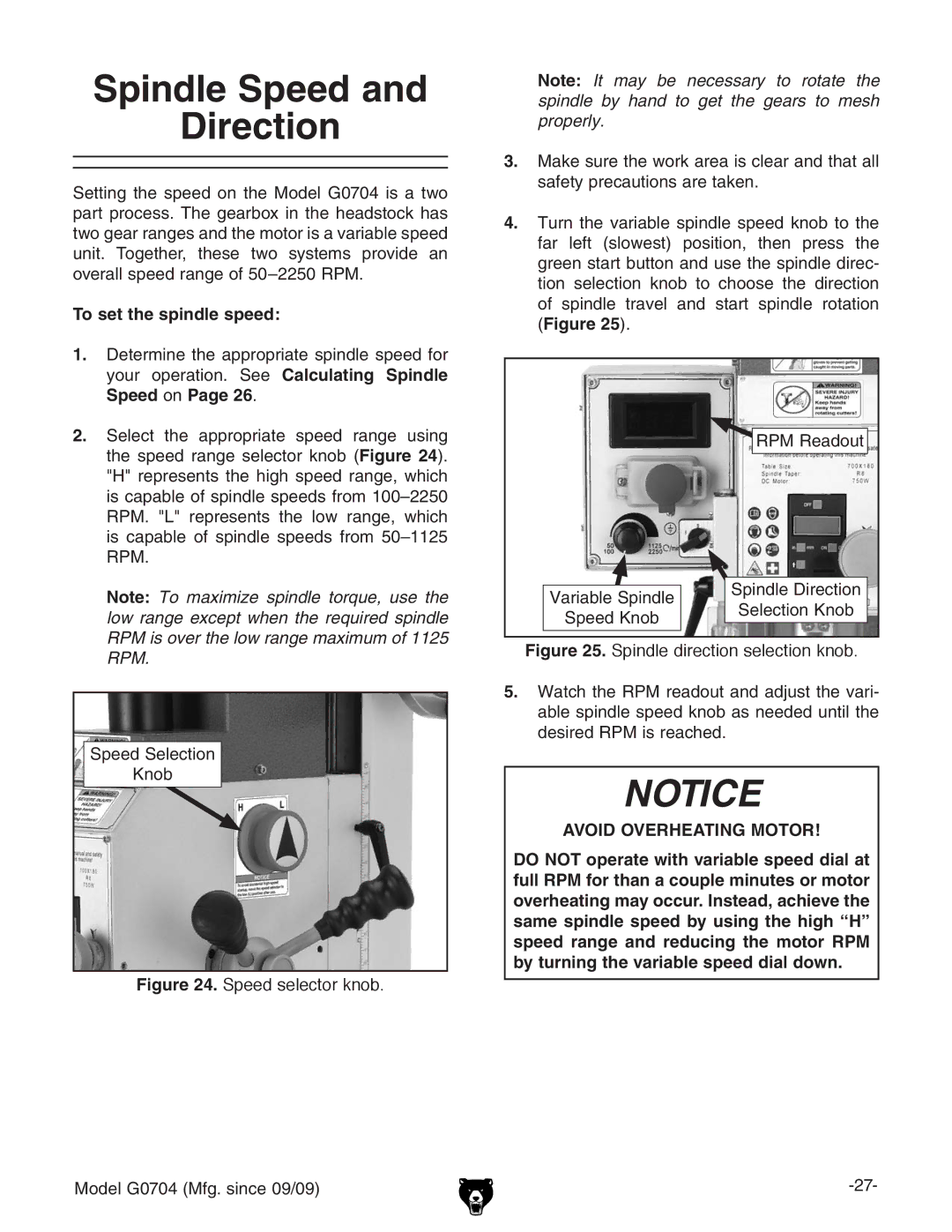 Grizzly G0704 owner manual Spindle Speed Direction, To set the spindle speed 