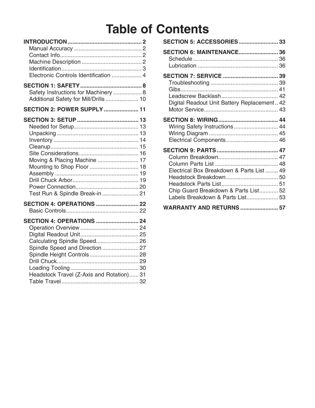 Grizzly G0704 owner manual Table of Contents 