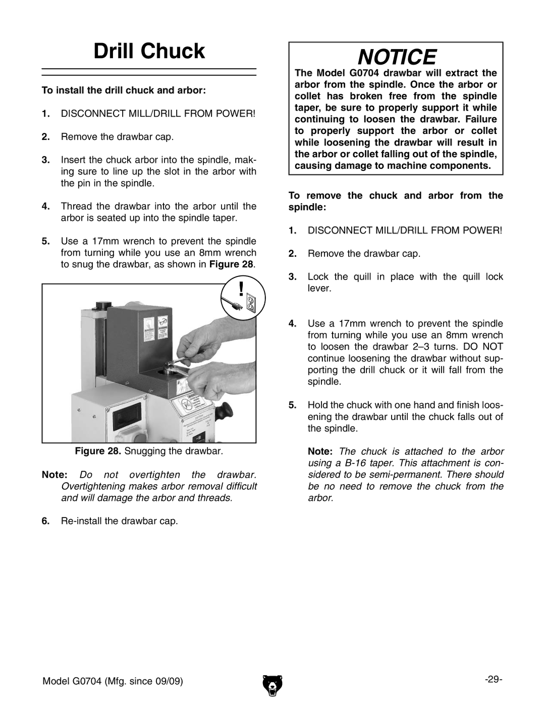 Grizzly G0704 owner manual Drill Chuck, To install the drill chuck and arbor 