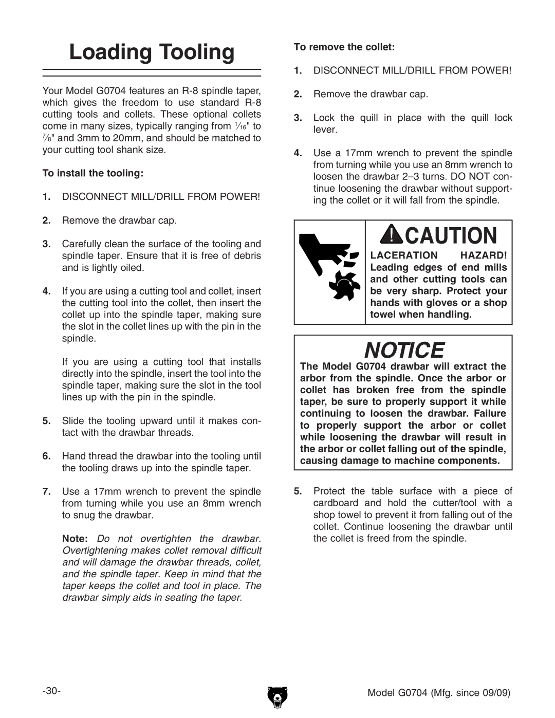 Grizzly G0704 owner manual Loading Tooling, To install the tooling, To remove the collet 