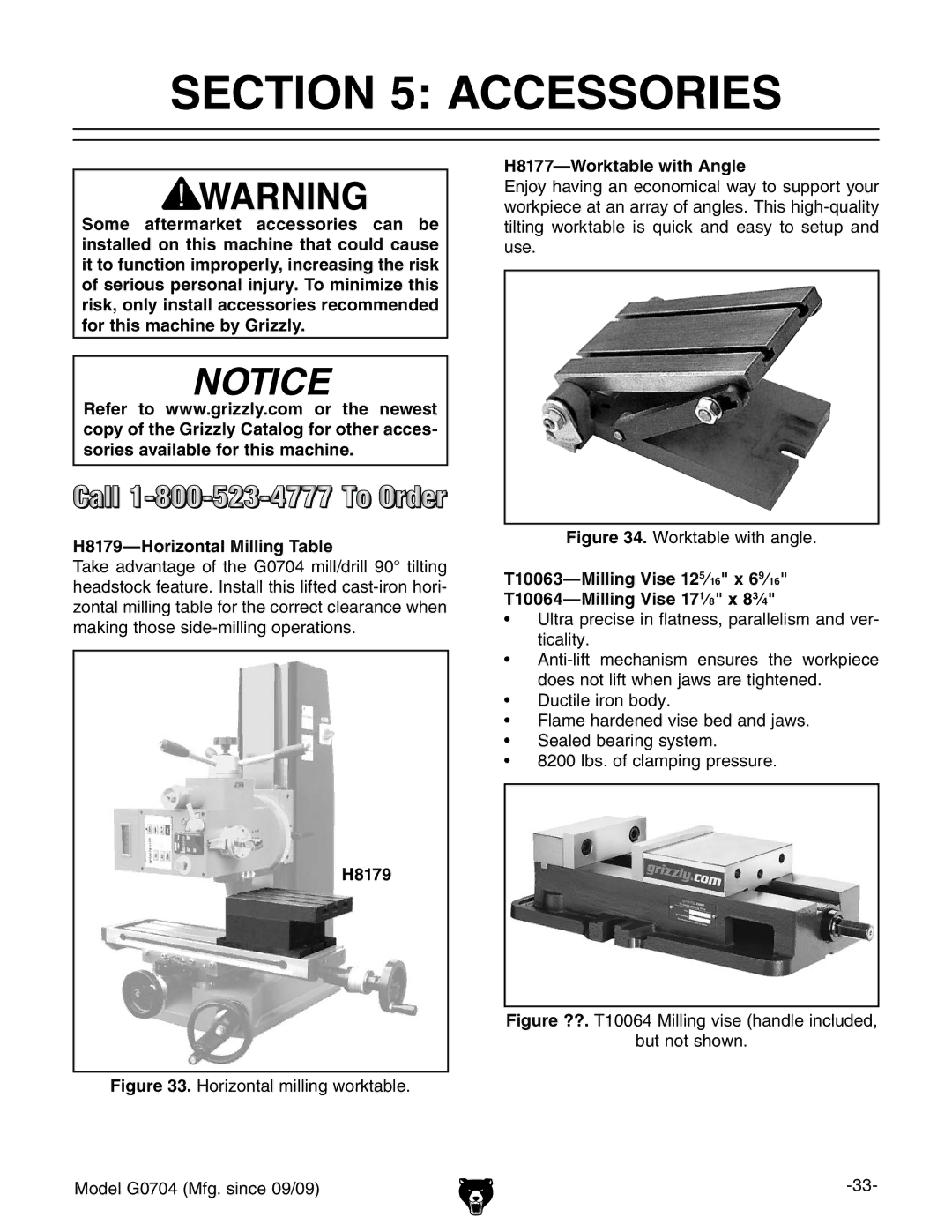 Grizzly G0704 owner manual Accessories, H8179, H8177-Worktable with Angle 