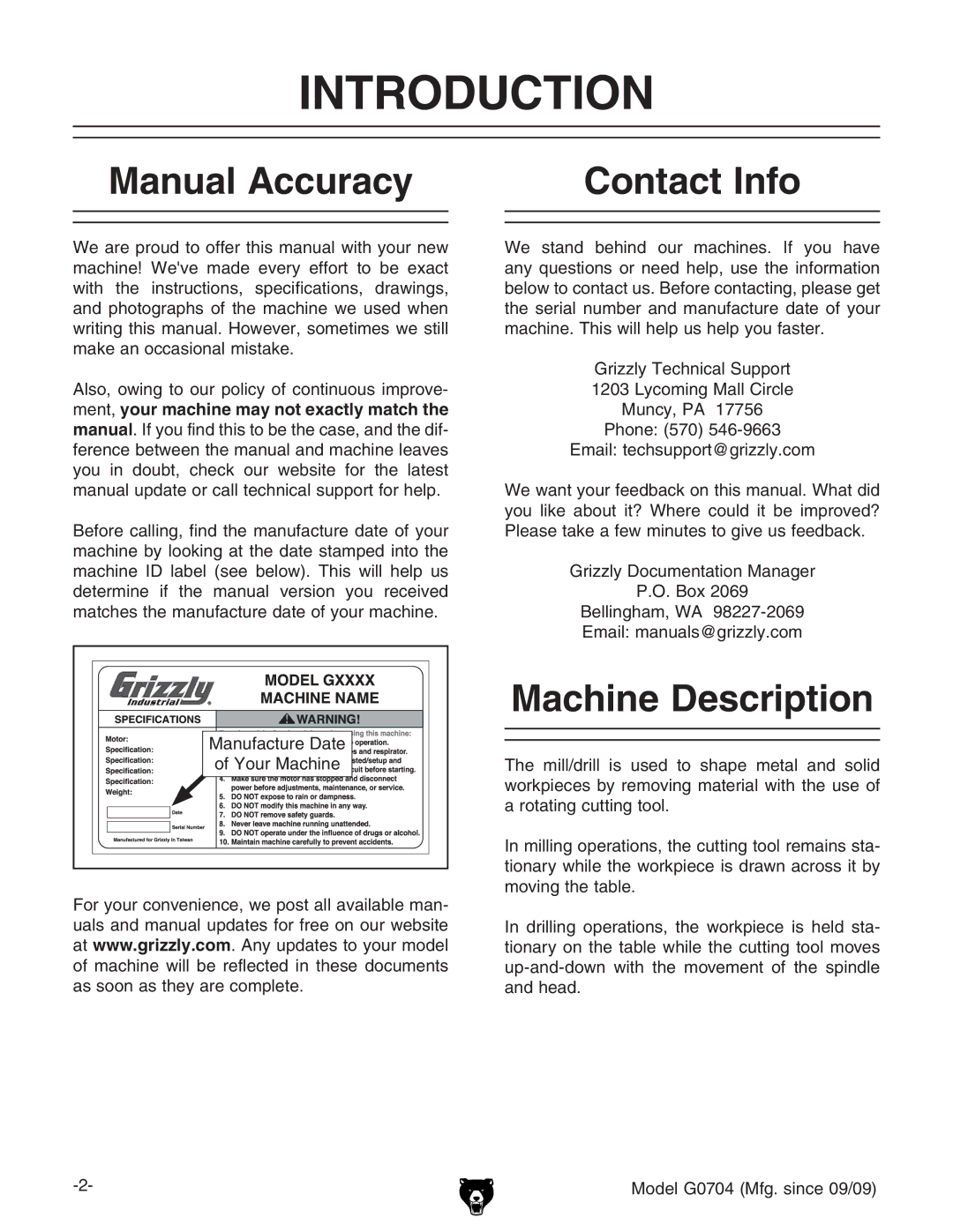 Grizzly G0704 owner manual Introduction, Manual Accuracy Contact Info, Machine Description 