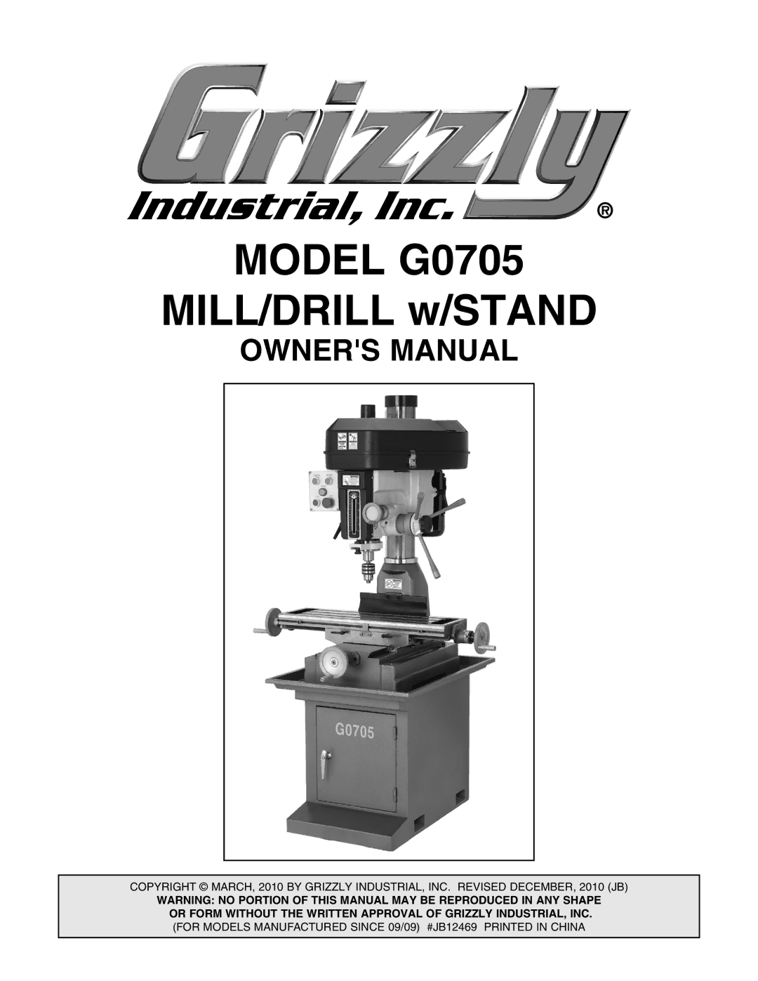 Grizzly owner manual Model G0705 