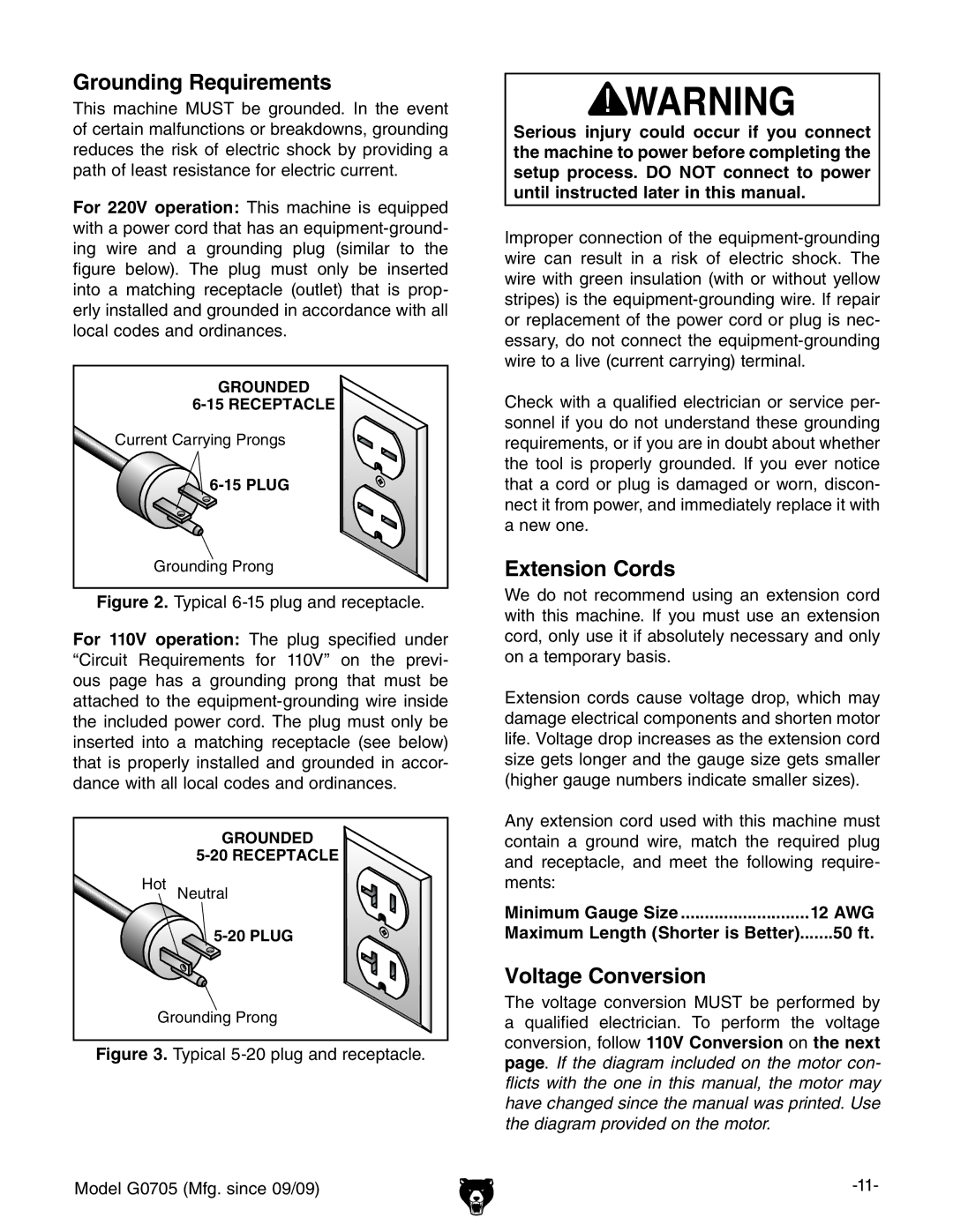 Grizzly G0705 owner manual Grounding Requirements, Extension Cords, Voltage Conversion, Minimum Gauge Size 12 AWG, 50 ft 