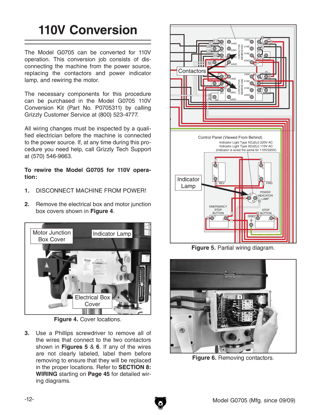 Grizzly owner manual 110V Conversion, To rewire the Model G0705 for 110V opera- tion 