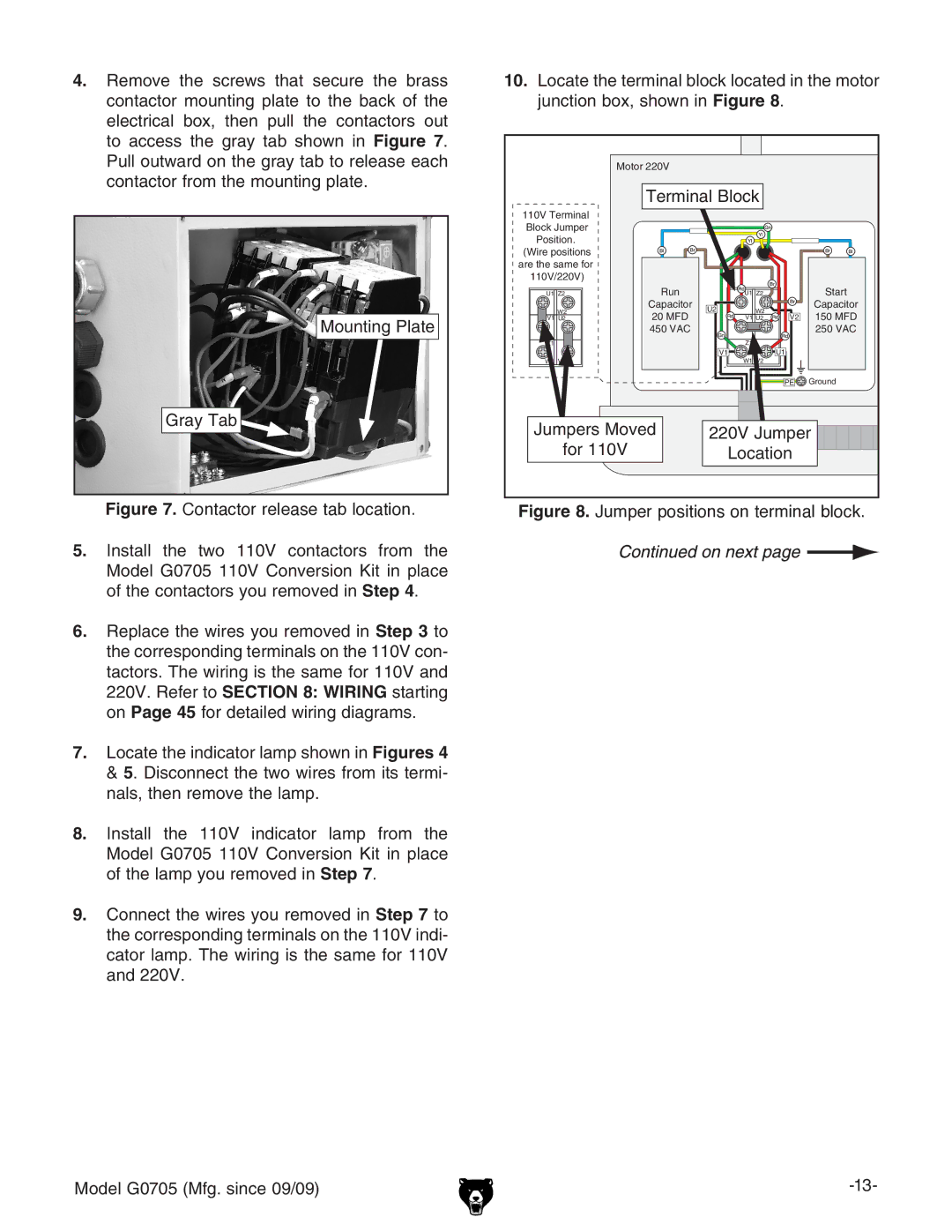 Grizzly G0705 owner manual Jumper positions on terminal block 