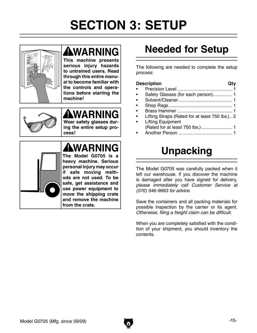 Grizzly G0705 owner manual Needed for Setup, Unpacking, Description Qty 