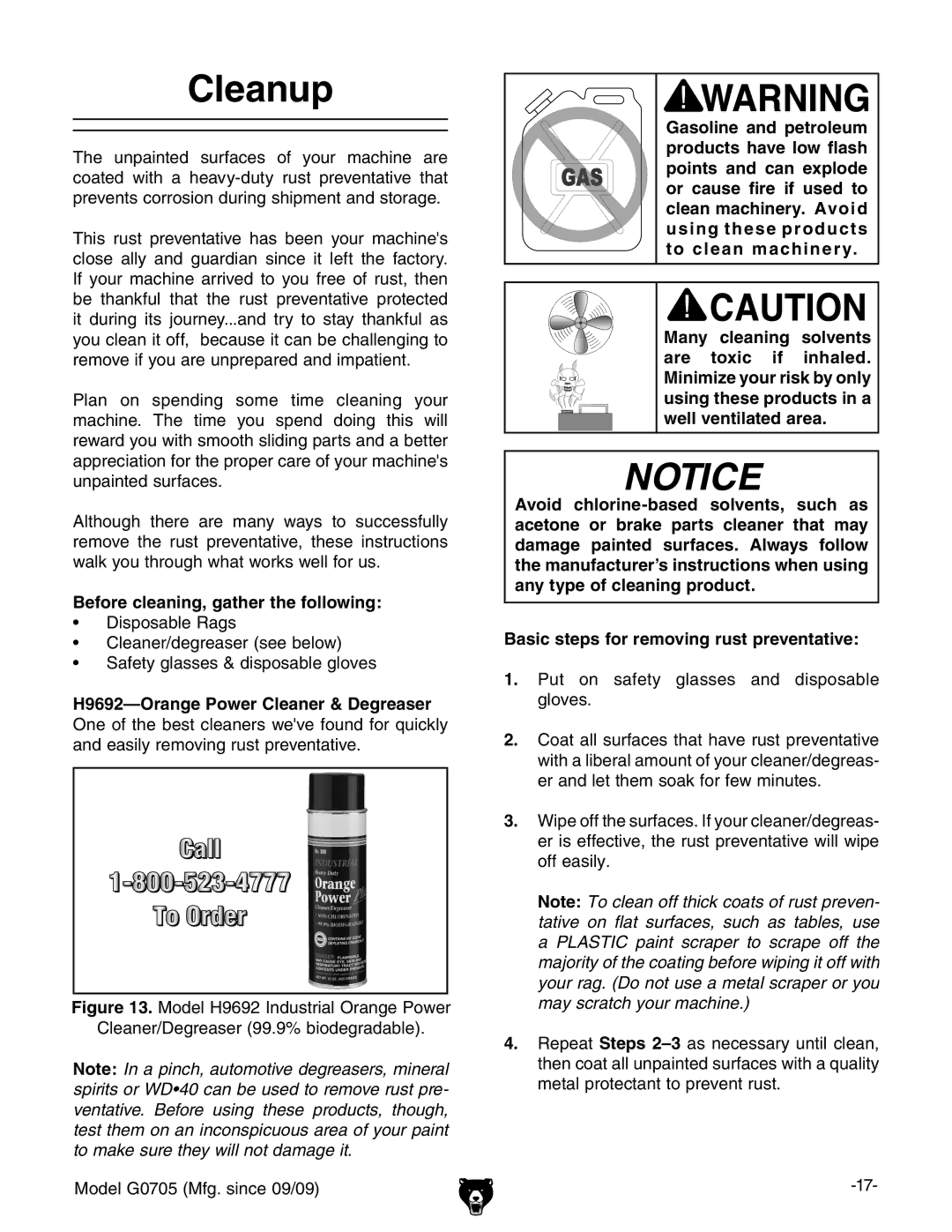 Grizzly G0705 owner manual Cleanup, Before cleaning, gather the following 