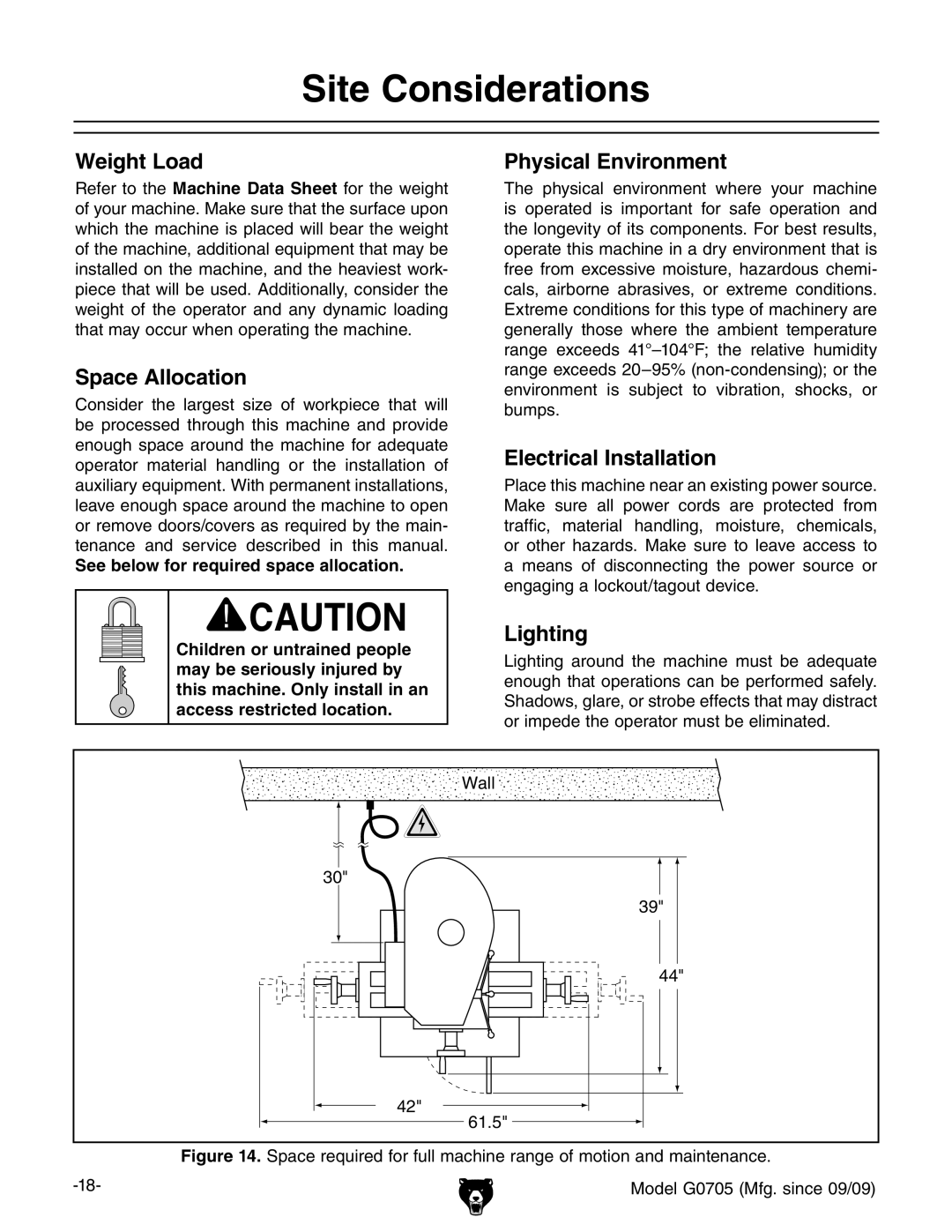 Grizzly G0705 owner manual Site Considerations 