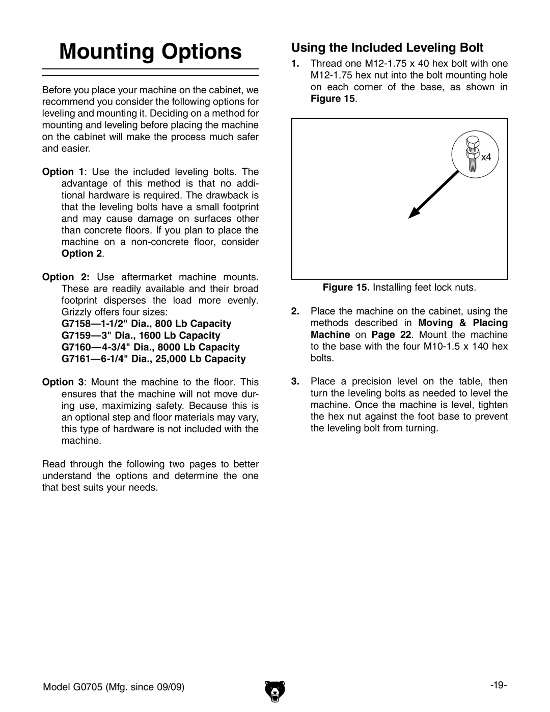 Grizzly G0705 owner manual Mounting Options, Using the Included Leveling Bolt 