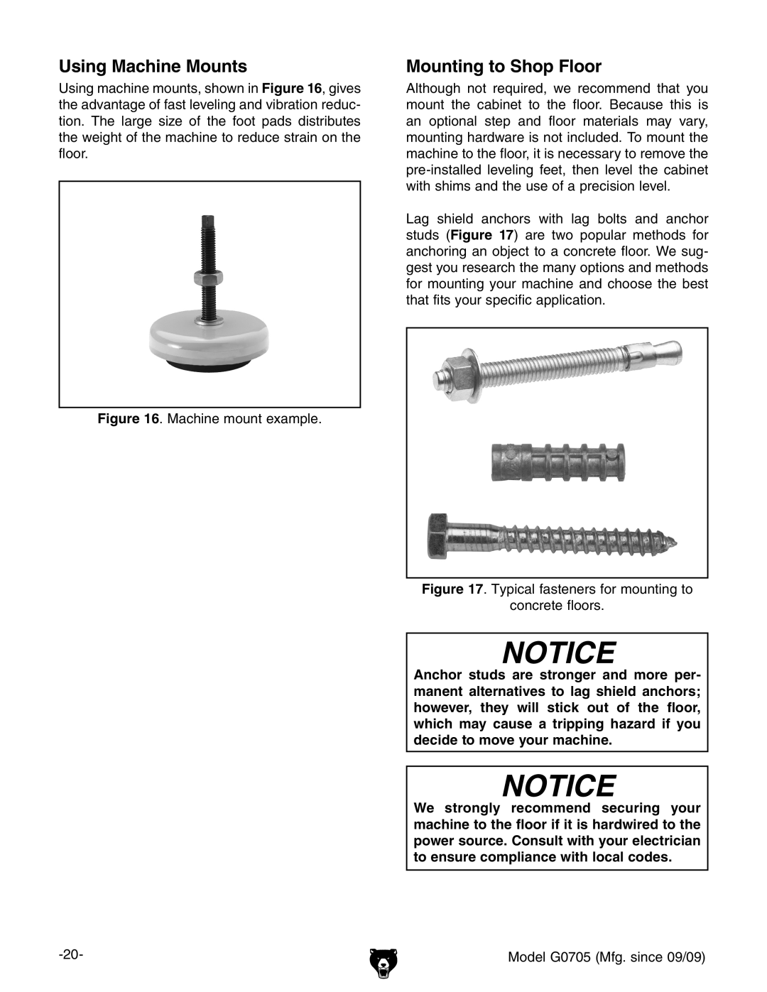 Grizzly G0705 owner manual Using Machine Mounts, Mounting to Shop Floor 