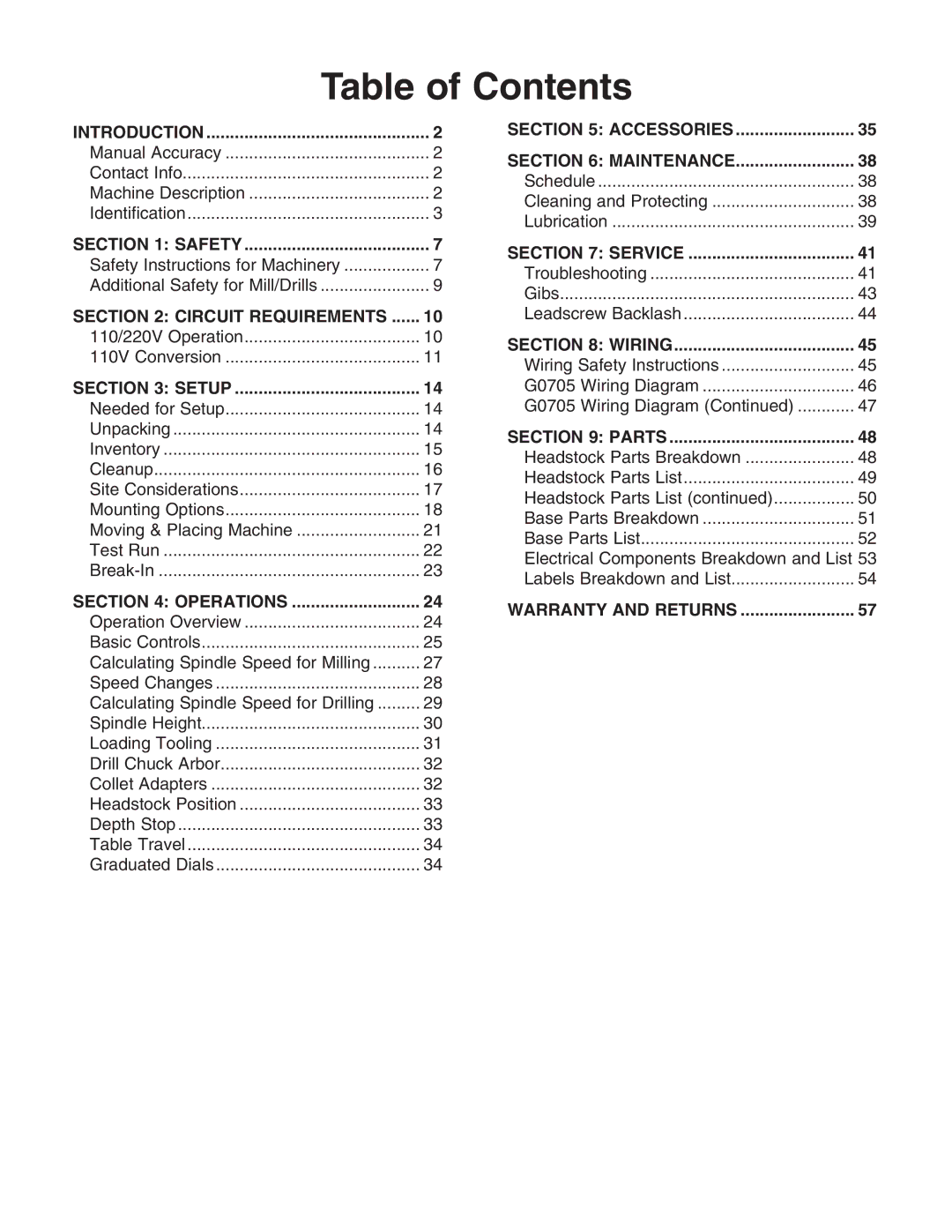 Grizzly G0705 owner manual Table of Contents 