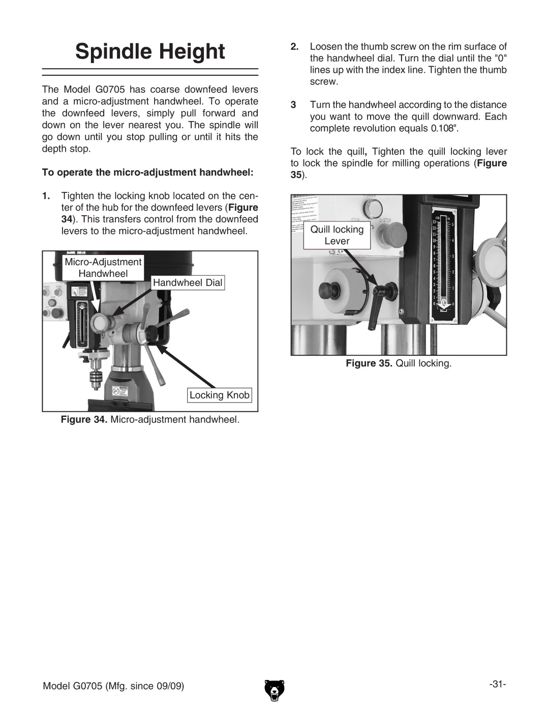 Grizzly G0705 owner manual Spindle Height, To operate the micro-adjustment handwheel 