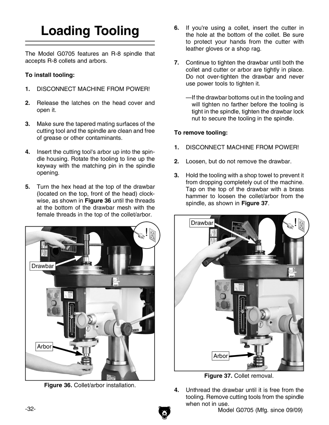 Grizzly G0705 owner manual Loading Tooling, To install tooling, To remove tooling 